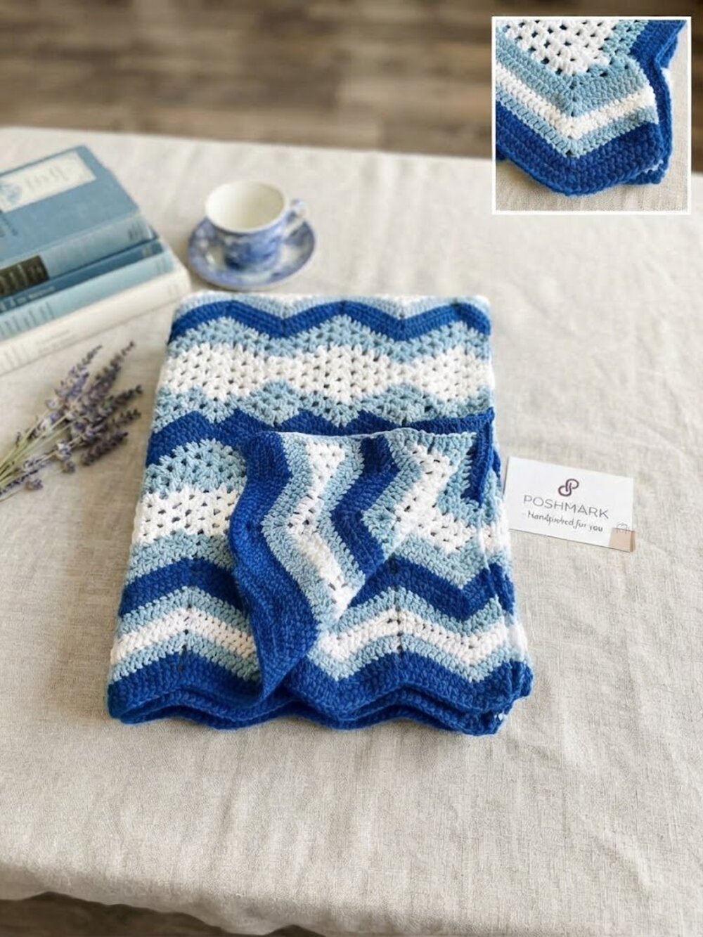 Handmade Crochet Afghan Throw Blanket Blue White Chevron Ripple Stripe Vtg Style